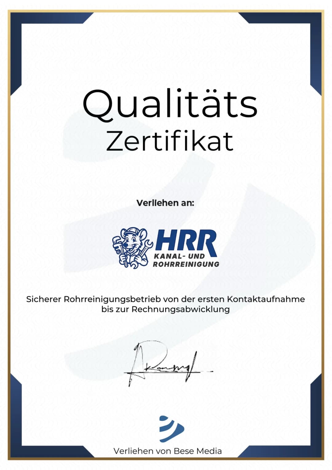 Qualitätszertifikat der HRR Rohrreinigung
