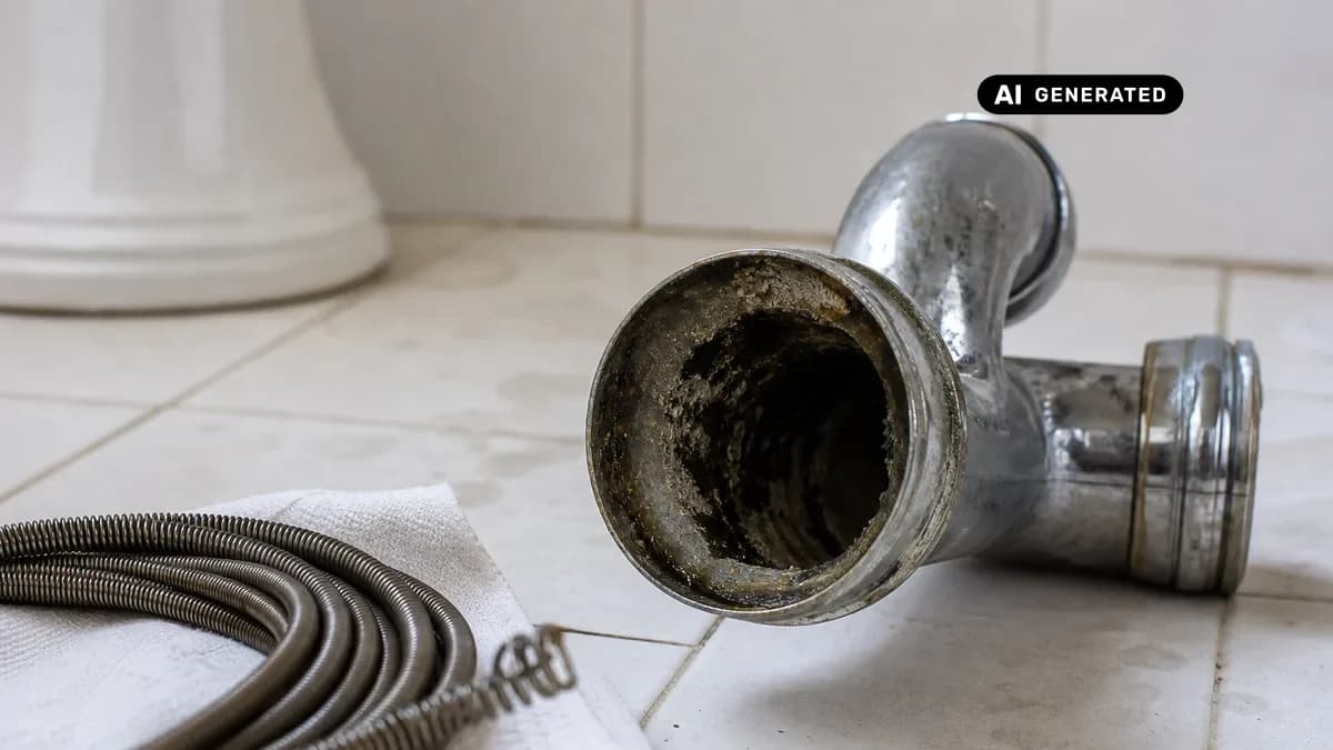 KI-generiertes Bild: Detailaufnahme eines demontierten Siphons unter einem Waschbecken mit sichtbaren Ablagerungen und einer Rohrreinigungsspirale im Vordergrund