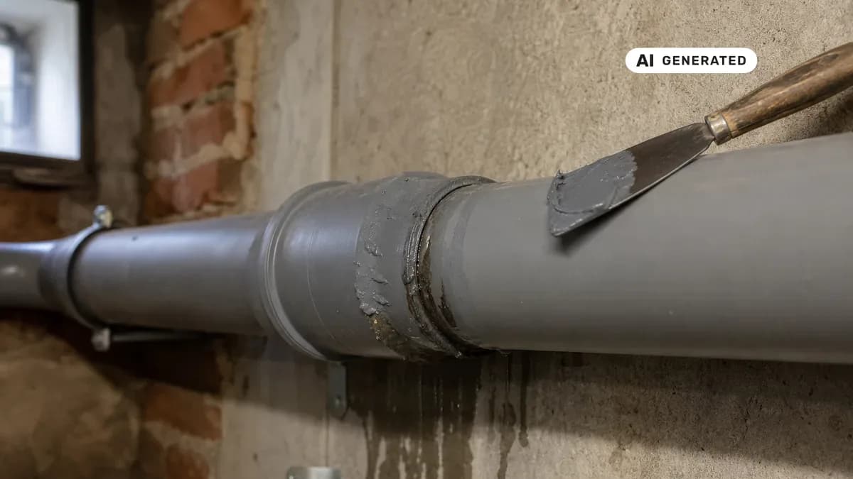 KI-generiertes Bild: Handwerker prüft eine undichte Muffe an einem Kunststoff-Abwasserrohr im Keller und trägt Dichtmasse auf