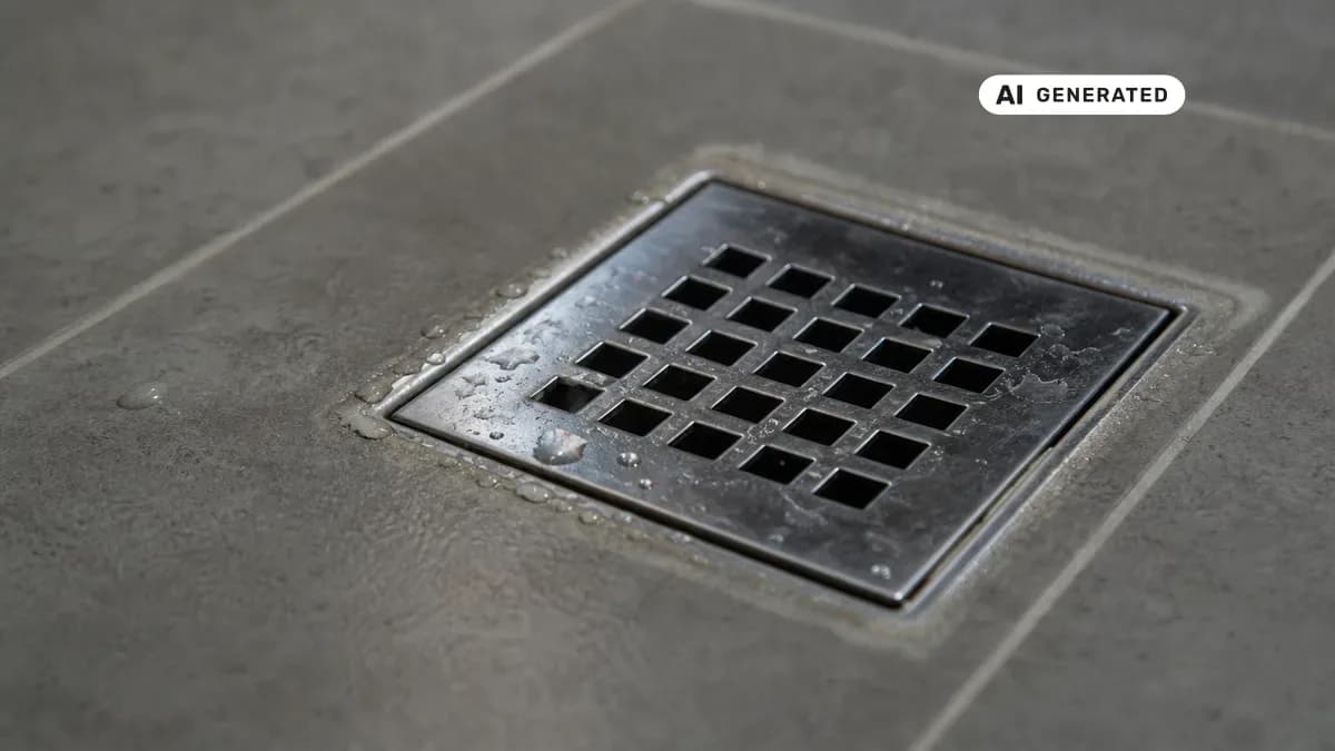 KI-generiertes Bild: Bodengleiche Dusche mit sichtbarem Ablaufgitter auf gefliester Bodenfläche, Wasserperlen rund um den Abfluss
