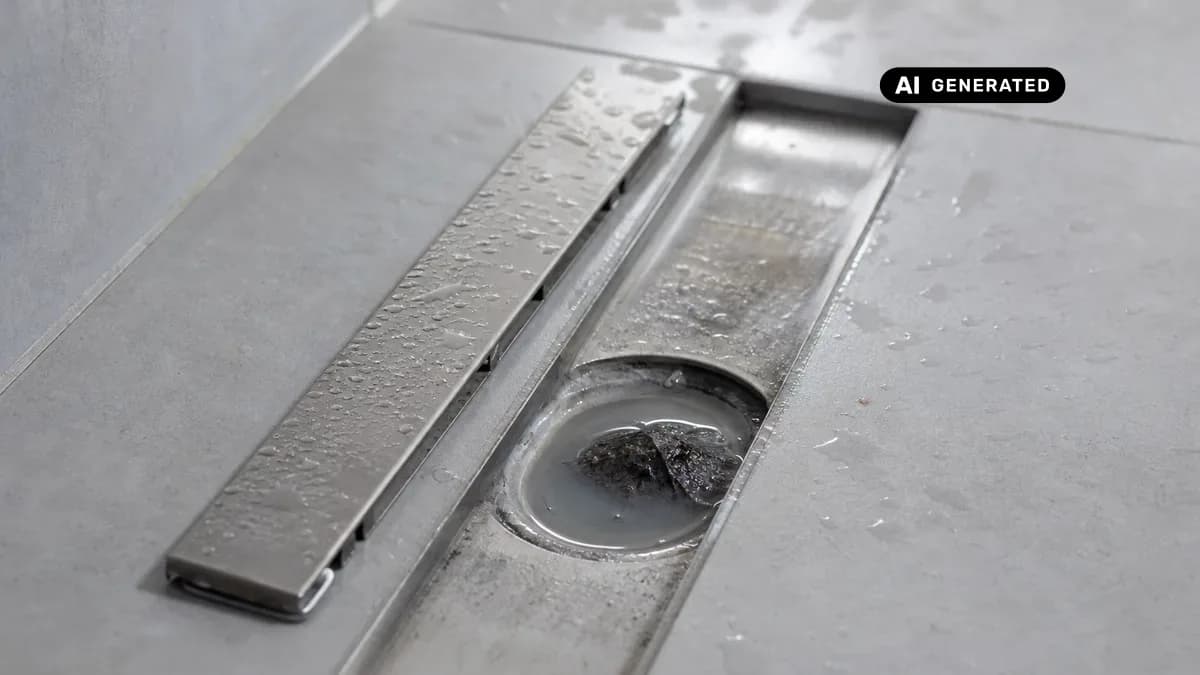 KI-generiertes Bild: Bodengleiche ebenerdige Dusche mit abgenommener Ablaufblende, Blick auf das mit Haaren zugesetzte Sieb der Duschrinne