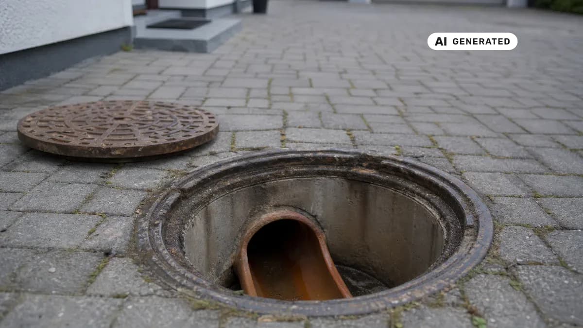 KI-generiertes Bild: Offener Revisionsschacht im gepflasterten Vorgarten eines Einfamilienhauses, Draufsicht auf die Abwasserleitung, dahinter Hauswand und Einfahrt