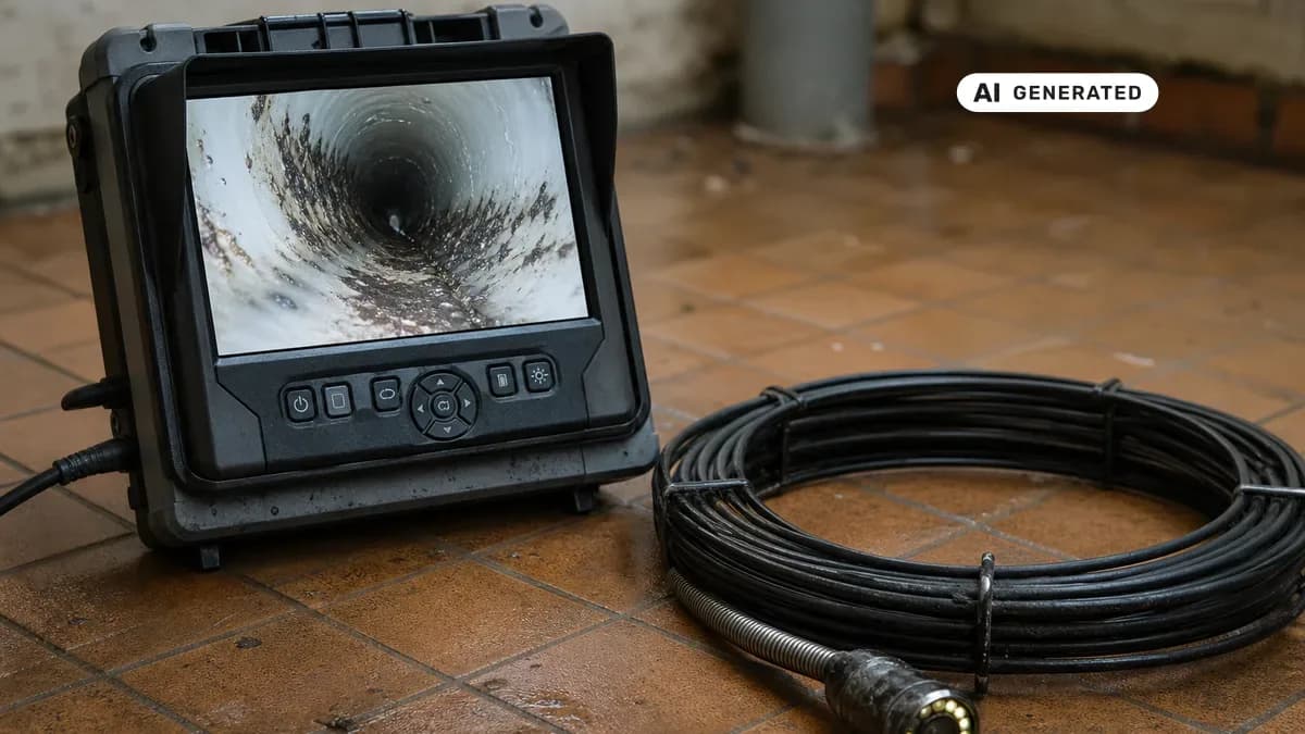 KI-generiertes Bild: Monitor mit Live-Bild einer Kanal-TV-Kamera, die durch ein Abwasserrohr fährt und Ablagerungen im Rohrinneren zeigt