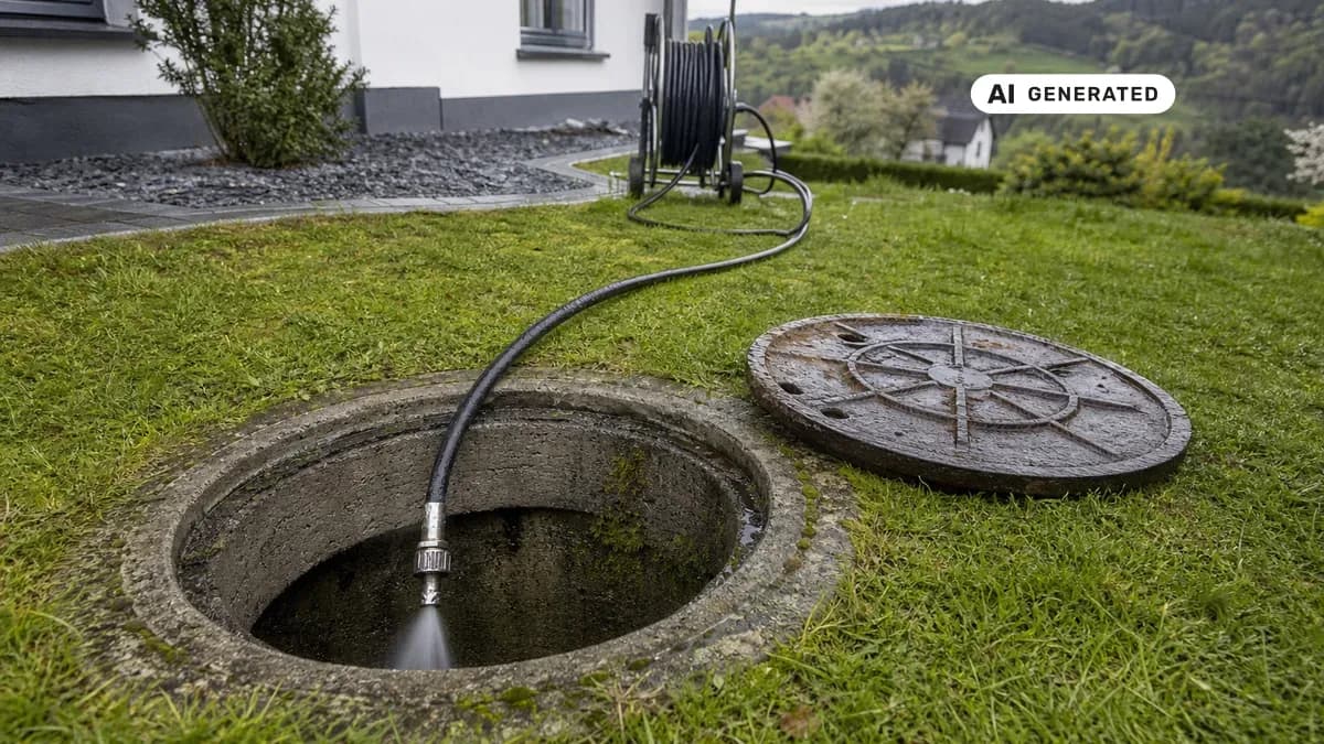 KI-generiertes Bild: Fachmann schiebt einen Hochdruckspülschlauch in einen offenen Revisionsschacht im Garten eines Einfamilienhauses im Bergischen Land