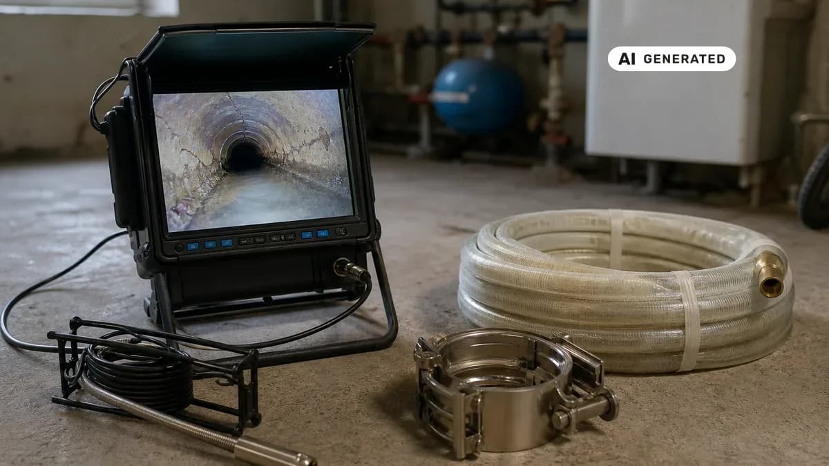 KI-generiertes Bild: Monitor einer Kanal-TV-Kamera mit Blick ins Innere eines Abwasserrohrs mit Riss, daneben Ausrüstung für die grabenlose Liner-Sanierung