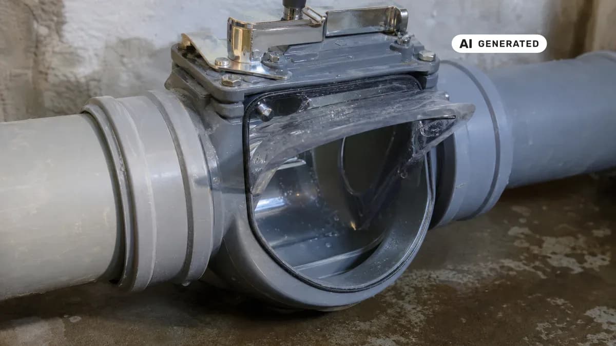 KI-generiertes Bild: Fachhandwerker kontrolliert eine in die Grundleitung eingebaute Rückstauklappe in einem Kellerschacht