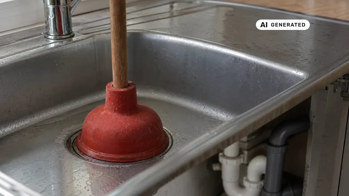 KI-generiertes Bild: Hände mit einer roten Saugglocke über einem verstopften Küchenabfluss aus Edelstahl, dahinter der weiße Siphon unter der Spüle