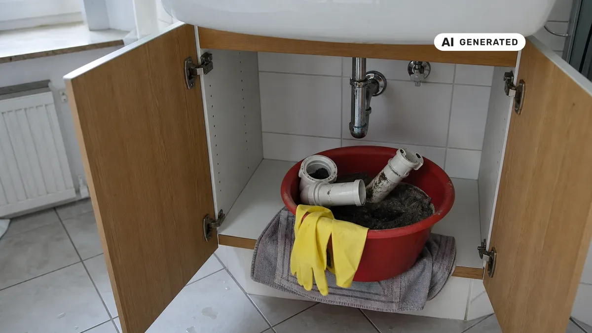 KI-generiertes Bild: Person mit Gummihandschuhen löst einen Kunststoff-Siphon unter einem Waschbecken, darunter ein Eimer auf einem Handtuch