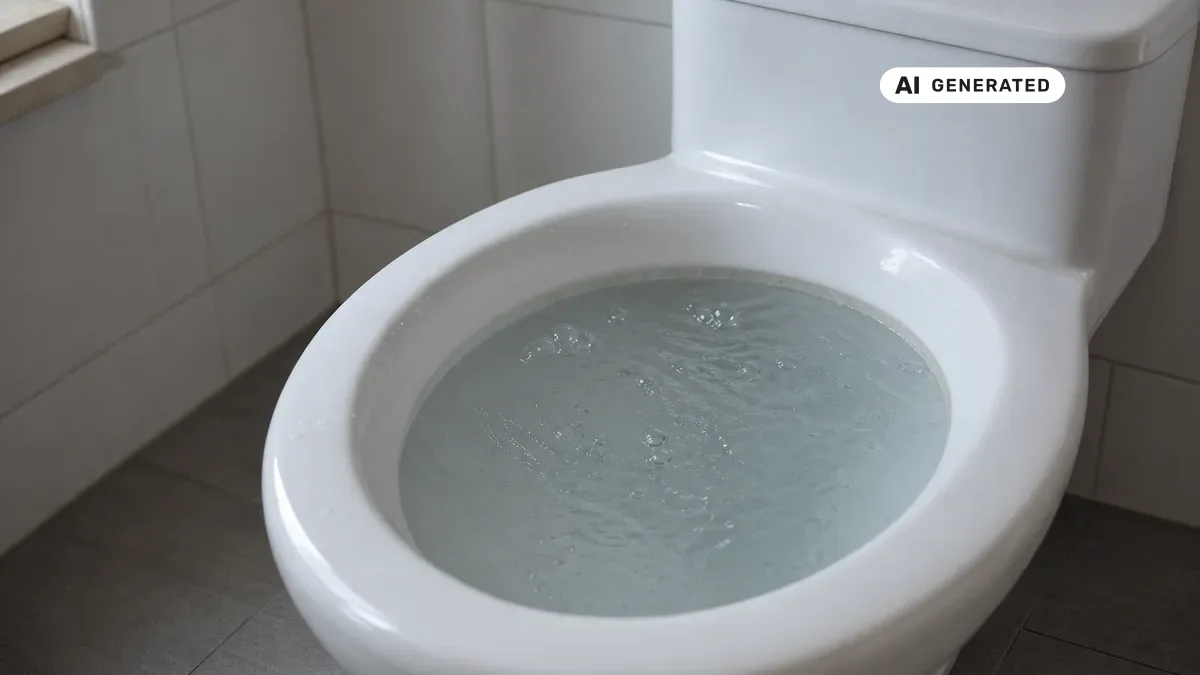 KI-generiertes Bild: Weiße Toilette in einem hellen Bad, an der Wasseroberfläche im Becken steigen kleine Luftblasen empor