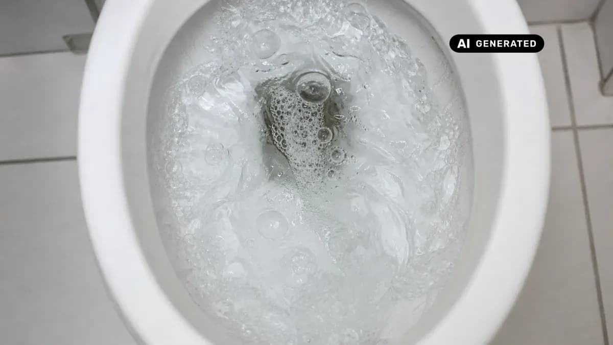 KI-generiertes Bild: Draufsicht auf eine weiße Toilette, ablaufendes Wasser mit sichtbaren Luftblasen im Becken